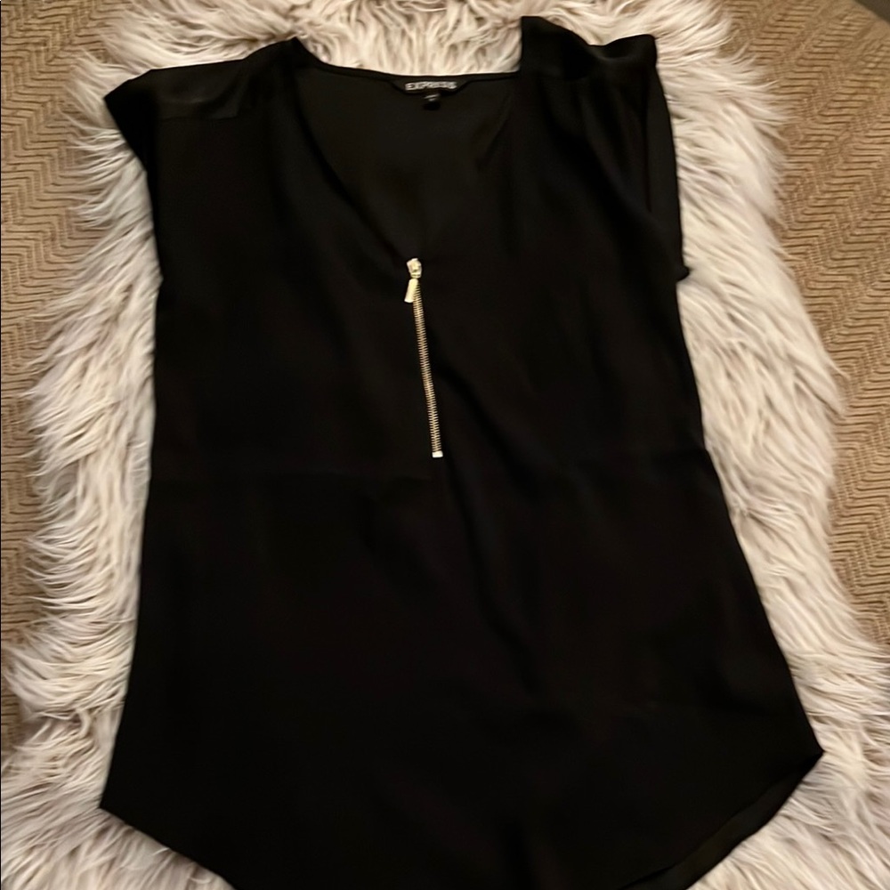 Express Black Cap Sleeve Blouse with Zipper Detail